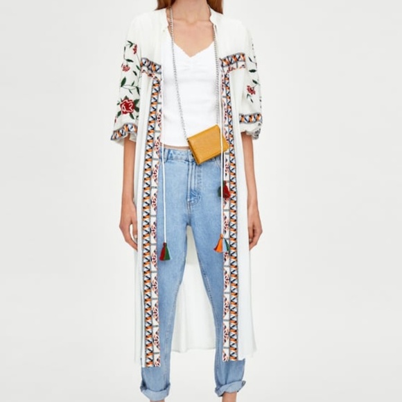 Zara pom pom Embroidered long cardigan kimono NWT - Picture 2 of 8